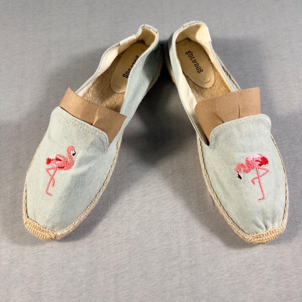 Soludos Womens Flamingo Embroidered Denim Smoke Slipper Espadrille Flats Blue 11